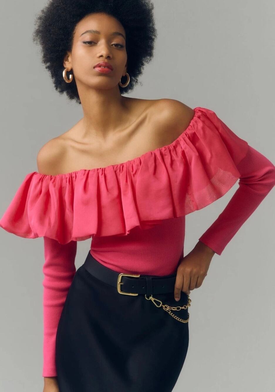 Anthropologie Pink Off Shoulder Ruffle Top Long Sleeve Ribbed Blouse Size S